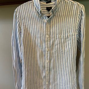 J Crew Men Sm Linen Blue & White Stripe Btn Dn